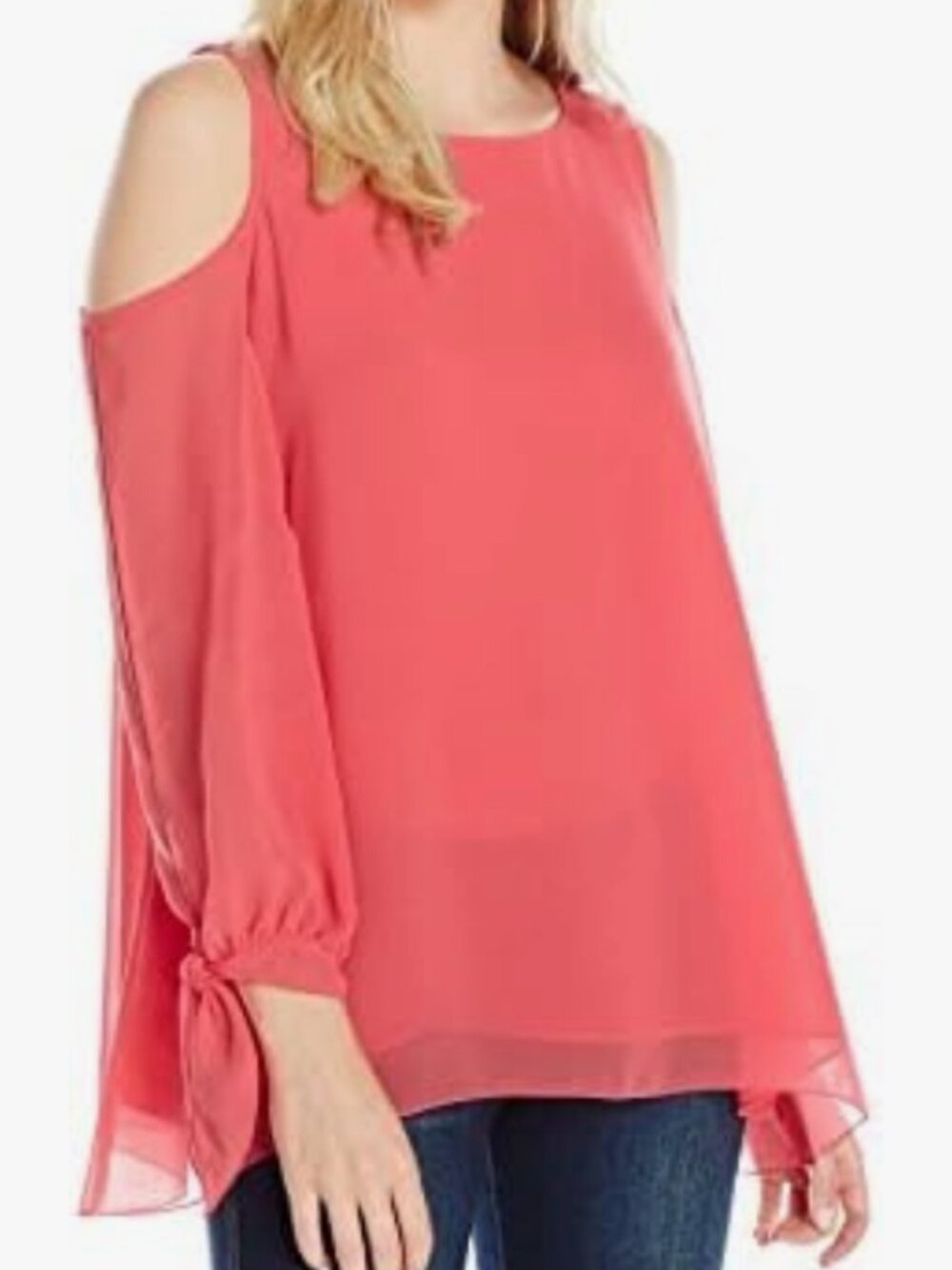 Lark & Ro Women's Long Sleeve Cold Shoulder Crimped Blouse, Spiced Coral, Small